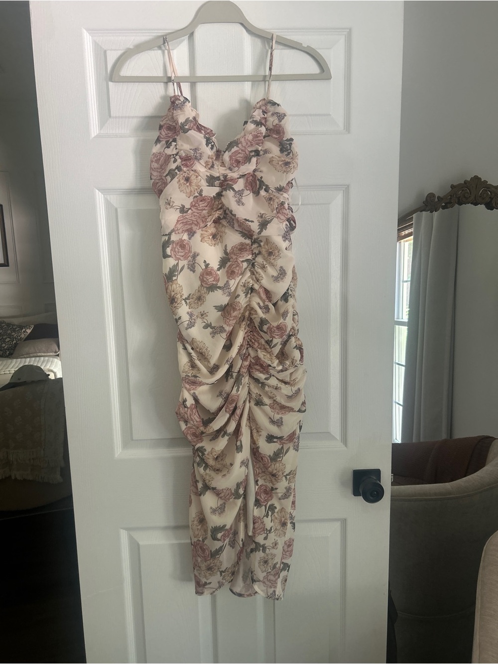 MABLE Floral Ruched Midi Dress Cream Pink Bodycon Halter Straps Cocktail Party